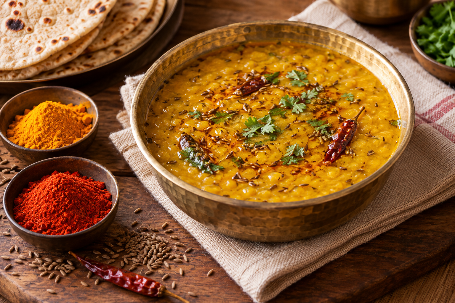 Dal with cumin tadka, roti and bowls of spices