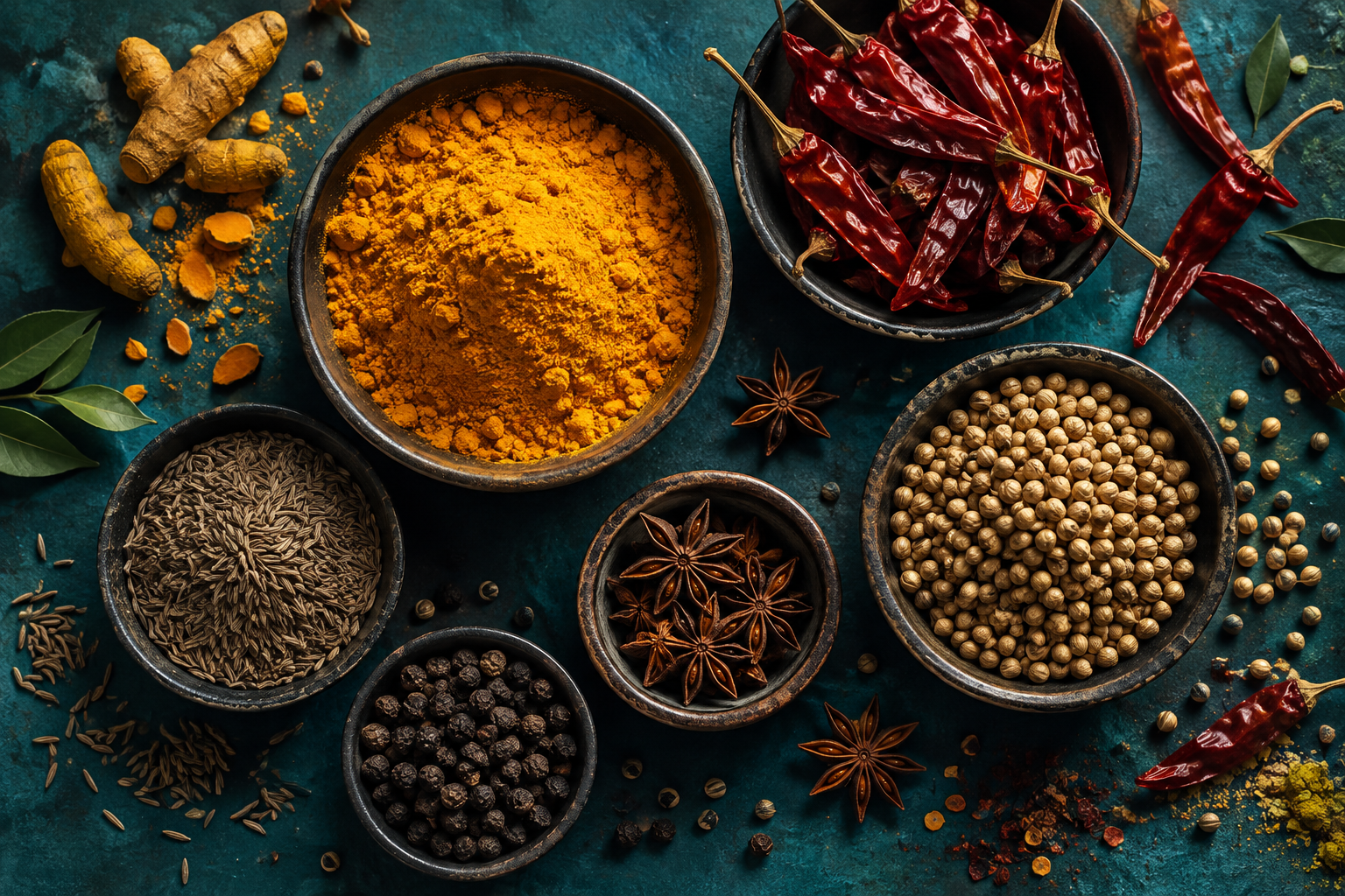Whole seeds and colourful ground spices